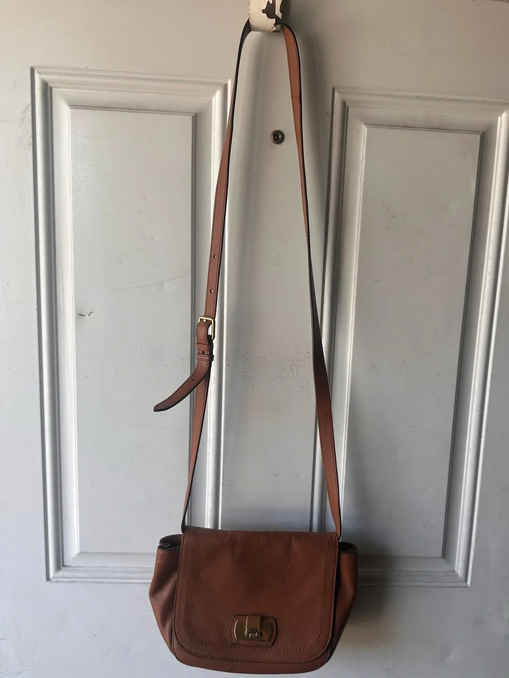 Cole Haan Valise Jenna Cognac Leather Crossbody Shoulder Bag Turn Lock Purse